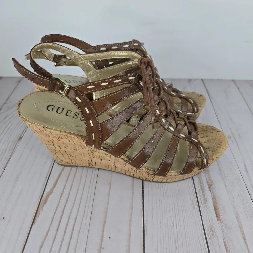 GUESS Gladiator Wedge Sandals Brown Leather Cork Women’s Size 9